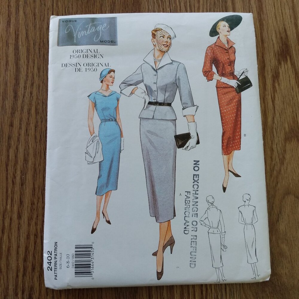 Vogue 2402 Sewing Pattern Dress & Jacket UNCUT 1950 Design Repro Size 6 8 10